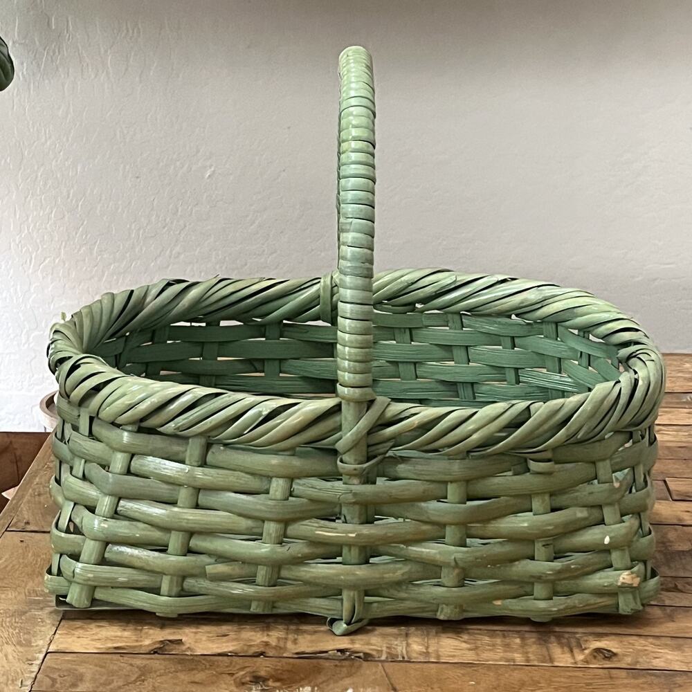 Vintage Handwoven Wicker Gathering Harvest Basket 17" Green